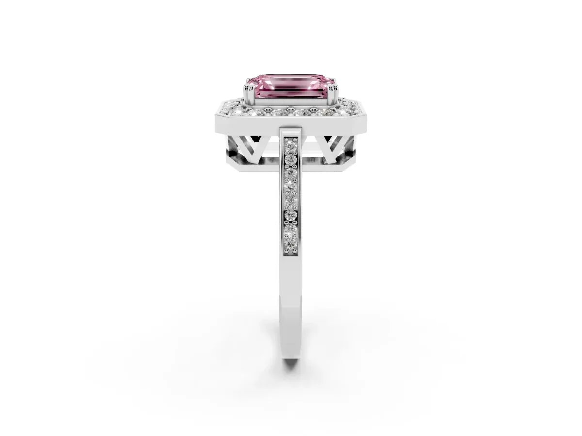 Fancy Pink Emerald Cut Diamond Halo Ring with Split Shank and Four-Prong Setting Silver