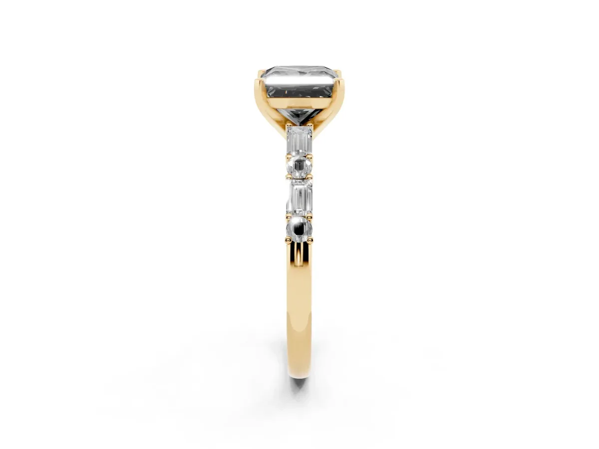 Fancy Black Princess Cut Diamond Solitaire with Side Baguettes and Channel Set Band Yellow gold