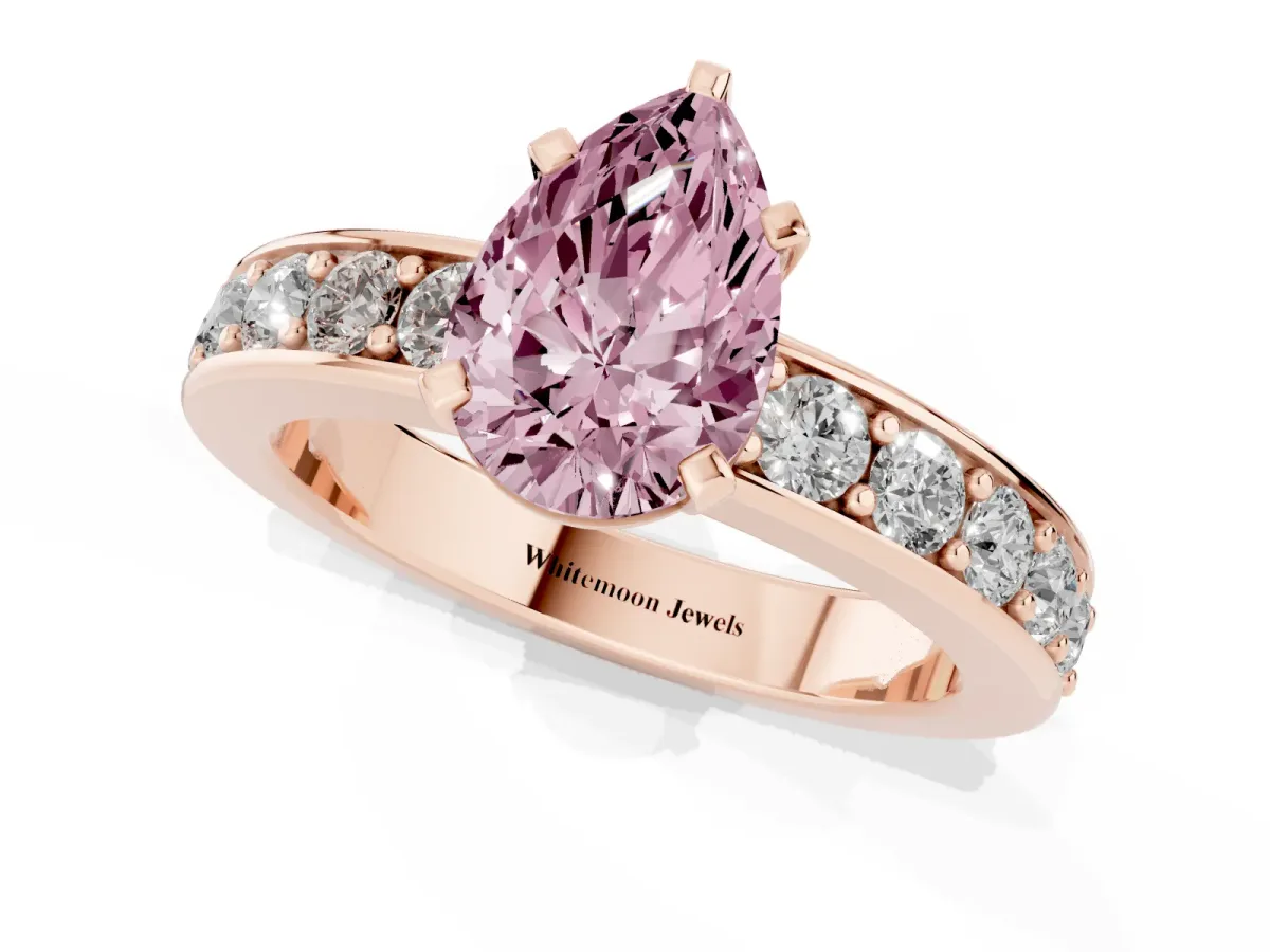 Fancy Pink Pear Cut Diamond Engagement Ring with Channel Set Round Band and Prong Setting Rose gold