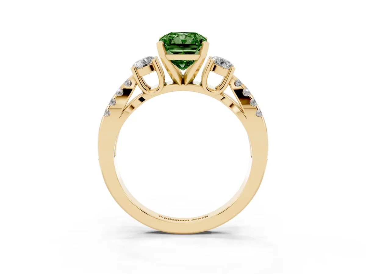 Fancy Green Radiant Cut Diamond Three-Stone Ring with Pavé Split Shank and Four-Prong Setting Yellow gold