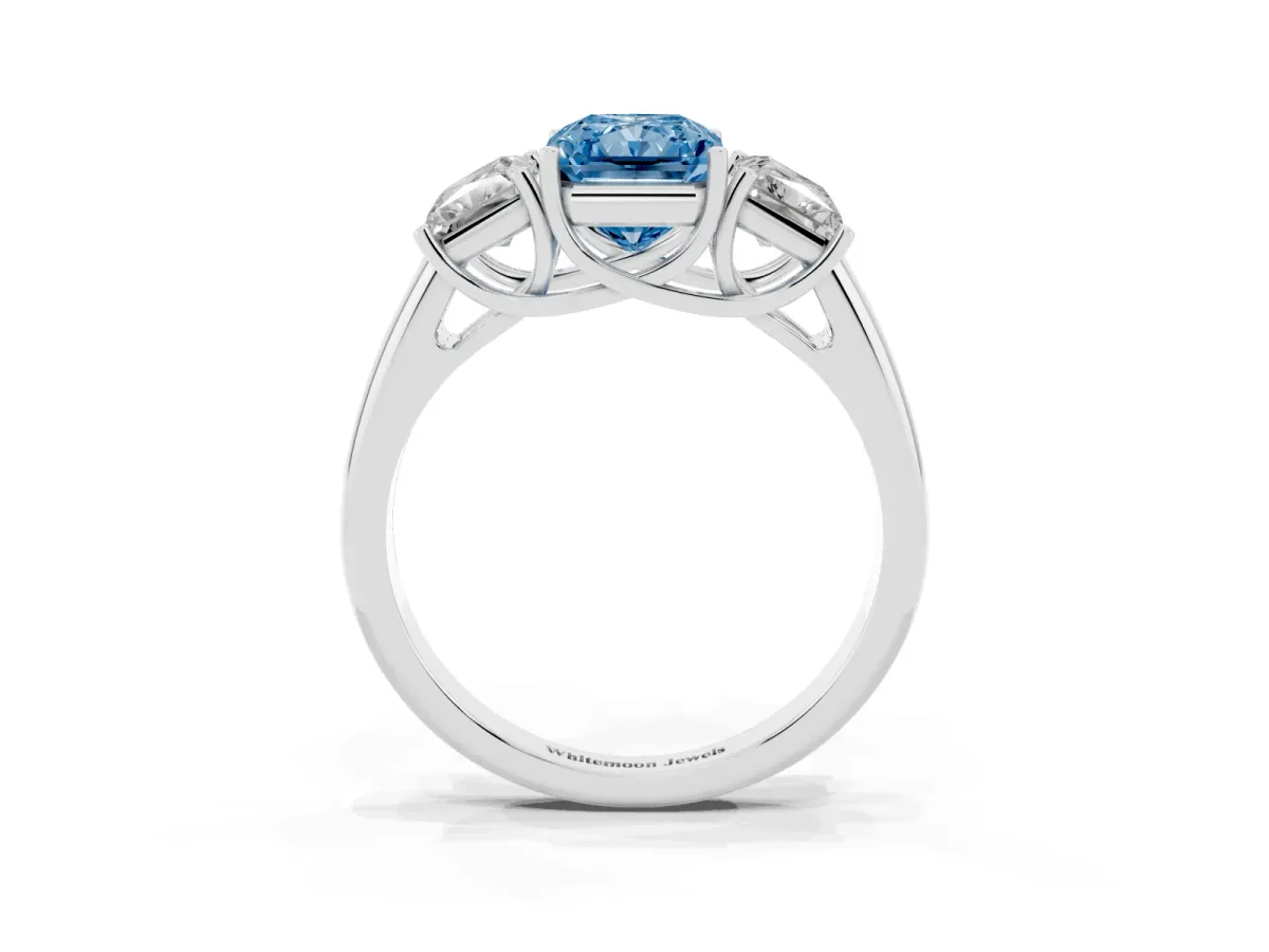 Fancy Blue Three-Stone Radiant Cut Diamond Engagement Ring with Prong Setting White gold