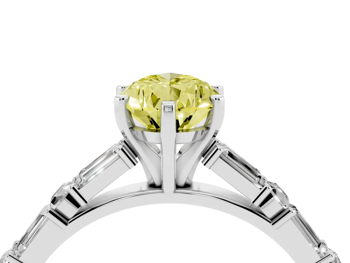 Fancy Yellow Pear Cut Diamond Solitaire with Side Baguettes and Channel Set Band Silver