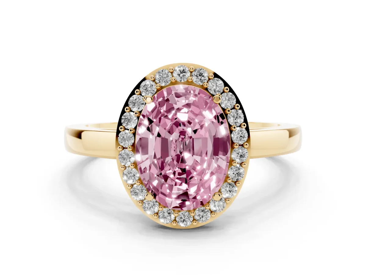 Fancy Pink Oval Cut Halo Diamond Ring with Solitaire Band and Prong Setting Yellow gold