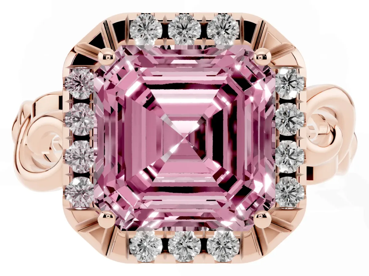 Fancy Pink Asscher Cut Cut Halo Diamond Ring with Scrollwork Band and Four-Prong Setting Rose gold