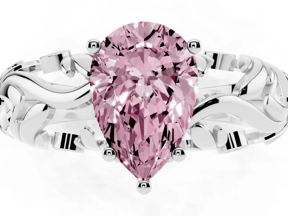 Fancy Pink Pear Cut Solitaire Diamond Leaf-Inspired Vine Band Ring with Prong Setting Silver