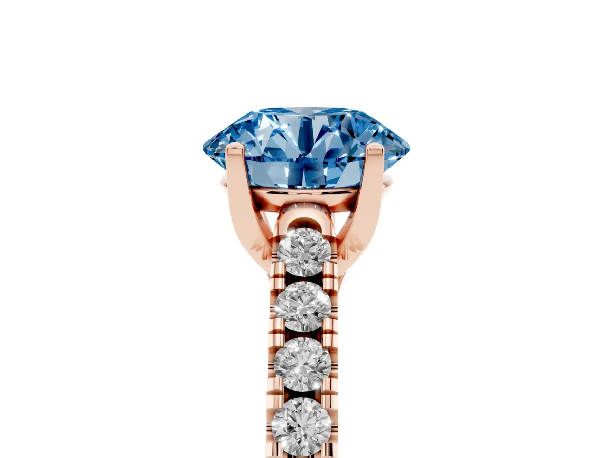 Fancy Blue Round Cut Diamond Pavé Band Solitaire Ring with Prong Setting Rose gold