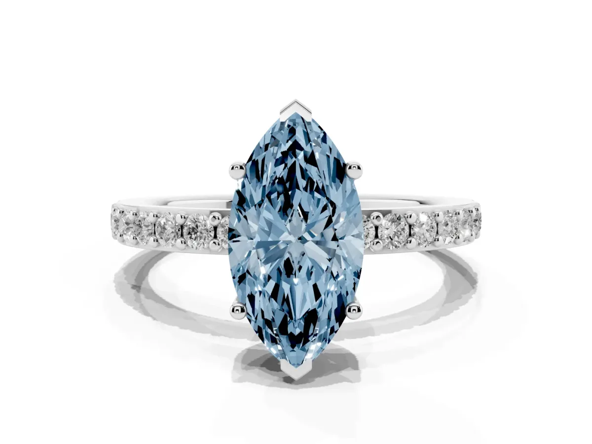 Fancy Blue Marquise Cut Cut Diamond Solitaire with Pave Band and Four-Prong Setting Silver