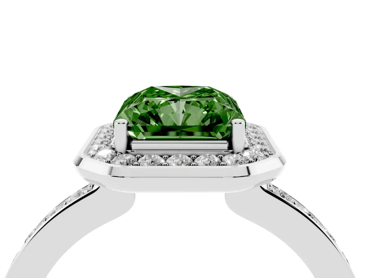 Fancy Green Radiant Cut Diamond Halo Ring with Bezel Frame and Pavé Band Platinum