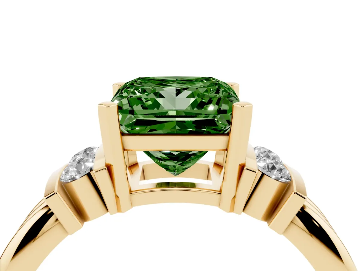 Fancy Green Princess Cut Cut Three-Stone Channel Set Ring with Bar Prongs Yellow gold