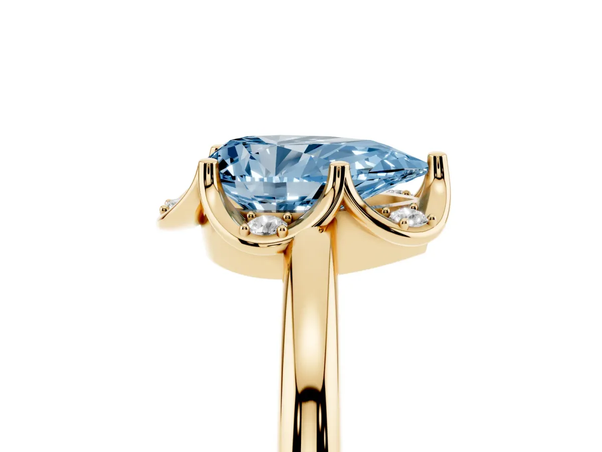Fancy Blue Pear Cut Halo Diamond Ring with Round Cluster Setting, Solitaire Band, and Four-Prong Setting Yellow gold
