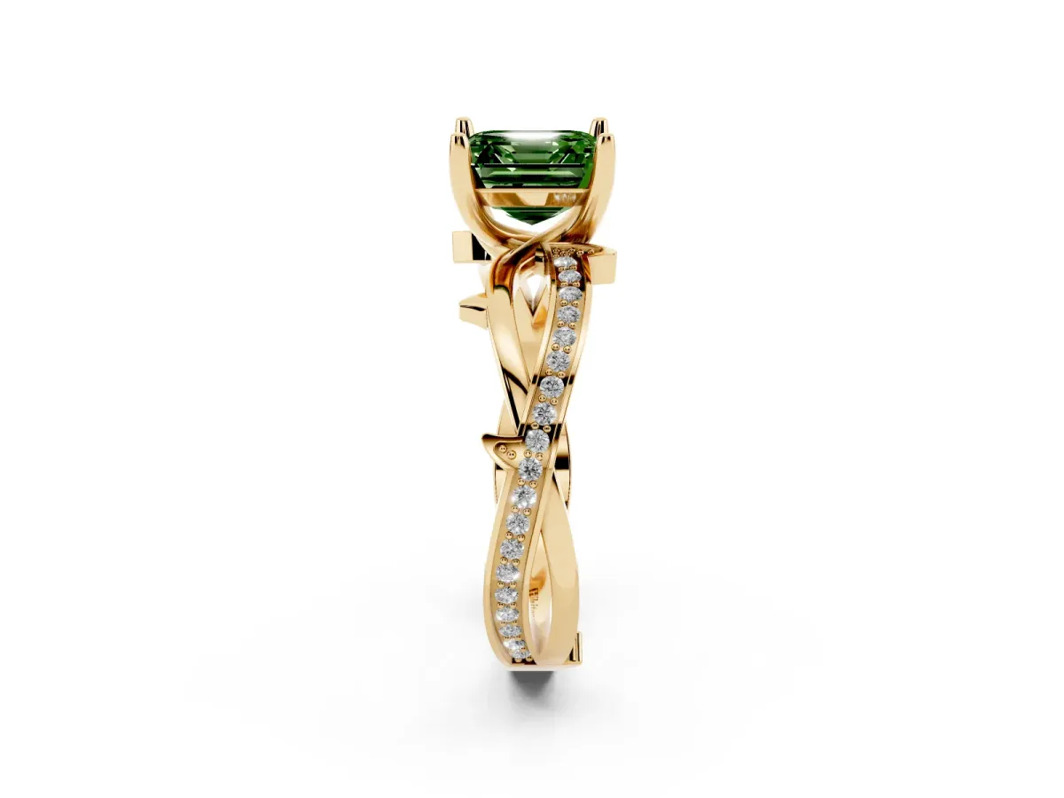Fancy Green Asscher Cut Solitaire Twist Band with Pavé Accents and Four-Prong Setting Yellow gold