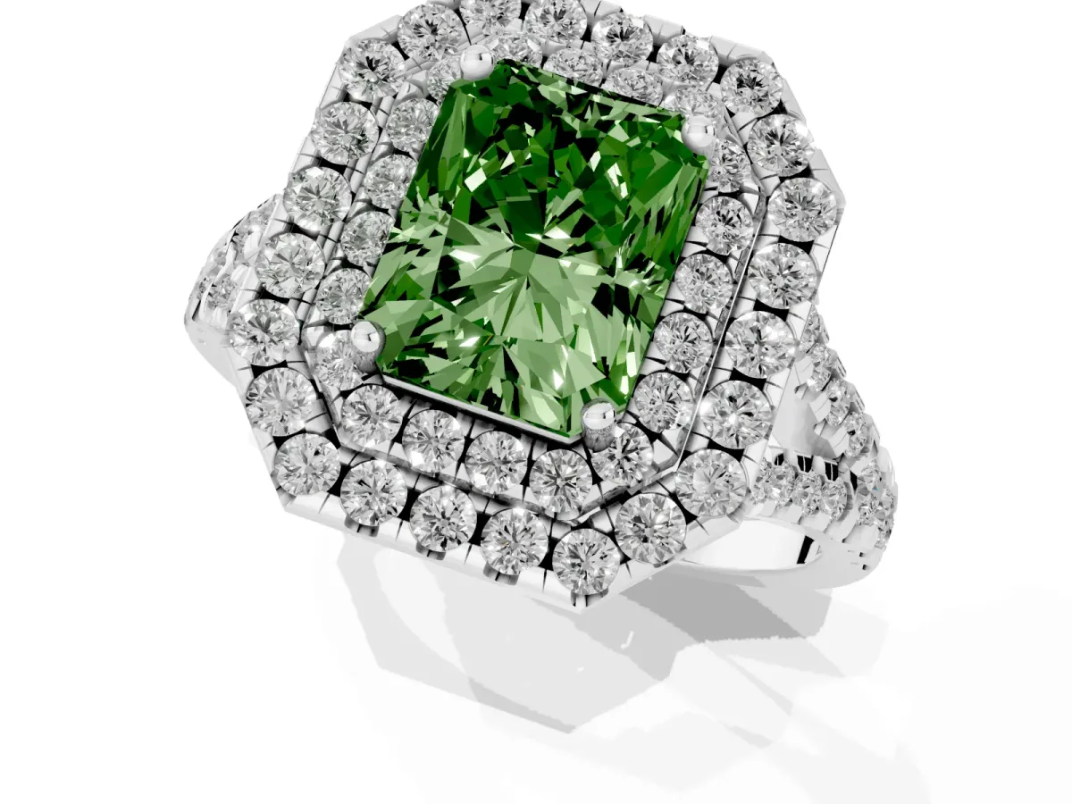 Fancy Green Double Halo Radiant Cut Diamond Pavé Split Shank Ring with Prong Setting Silver