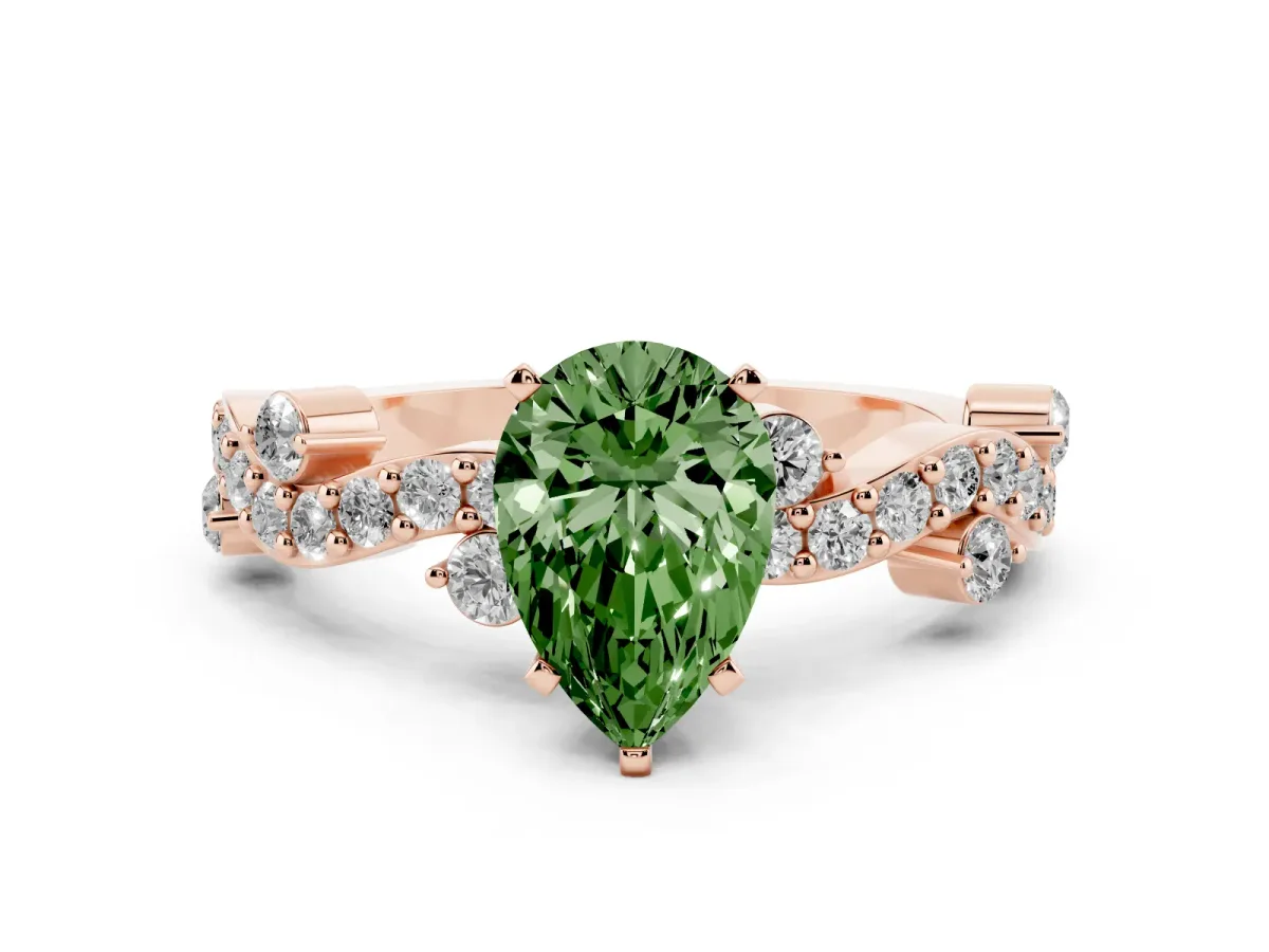Fancy Green Pear Cut Cut Solitaire Diamond Twisted Band with Pave Setting Rose gold