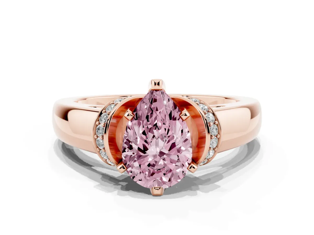 Fancy Pink Pear Cut Solitaire Diamond Ring with Pave Band and Six-Prong Setting Rose gold