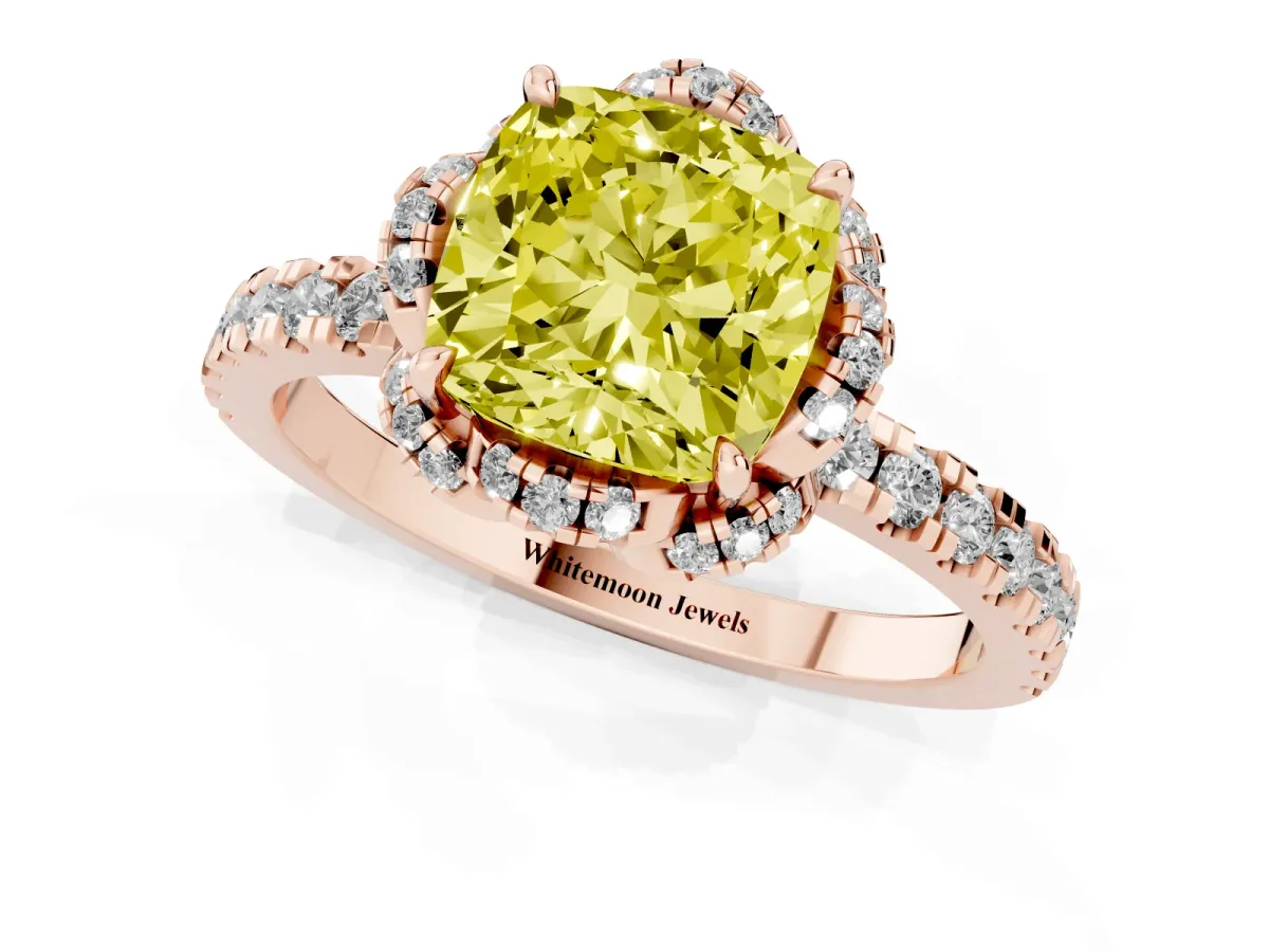 Fancy Yellow Cushion Cut Halo Diamond Pave Band Ring with Four-Prong Setting Rose gold