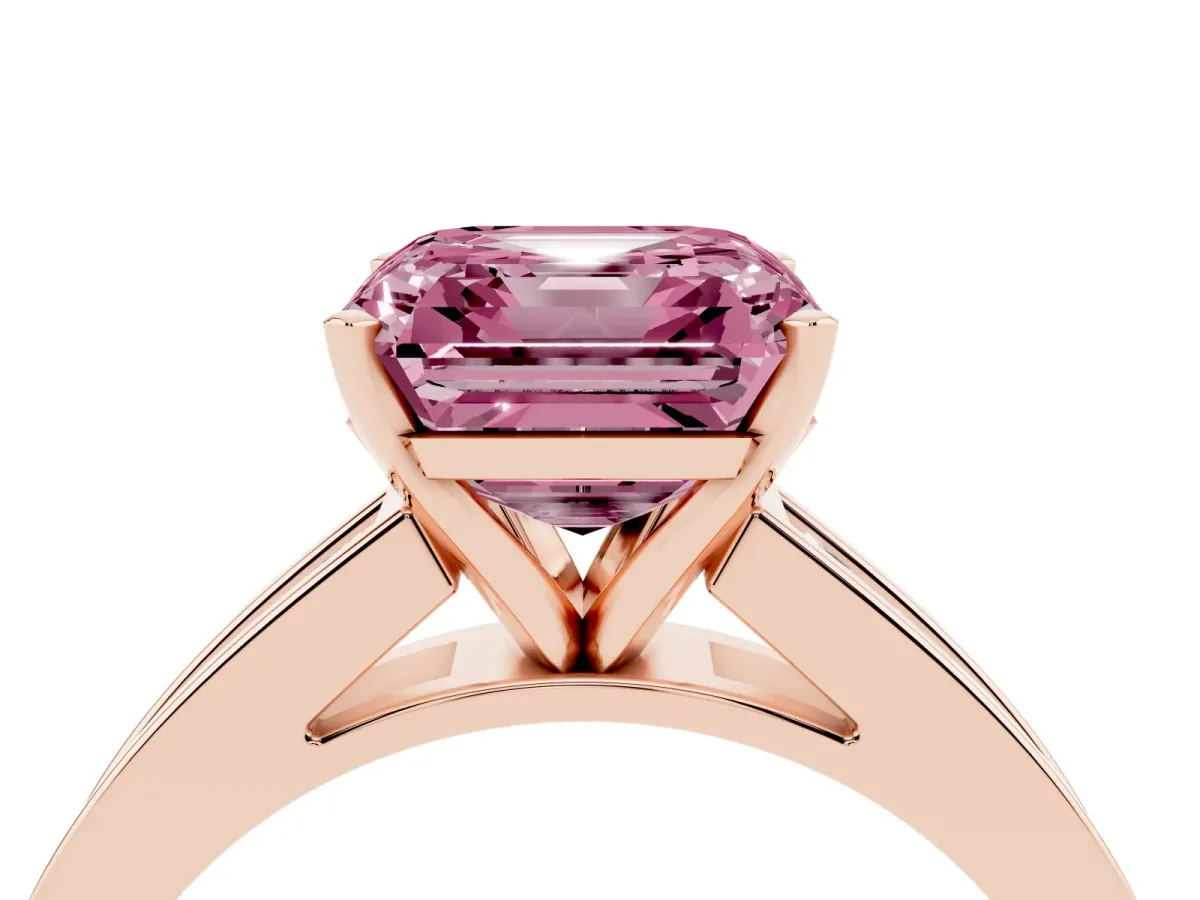 Fancy Pink Asscher Cut Solitaire Diamond Ring with Channel-Set Band and Four-Prong Setting Rose gold