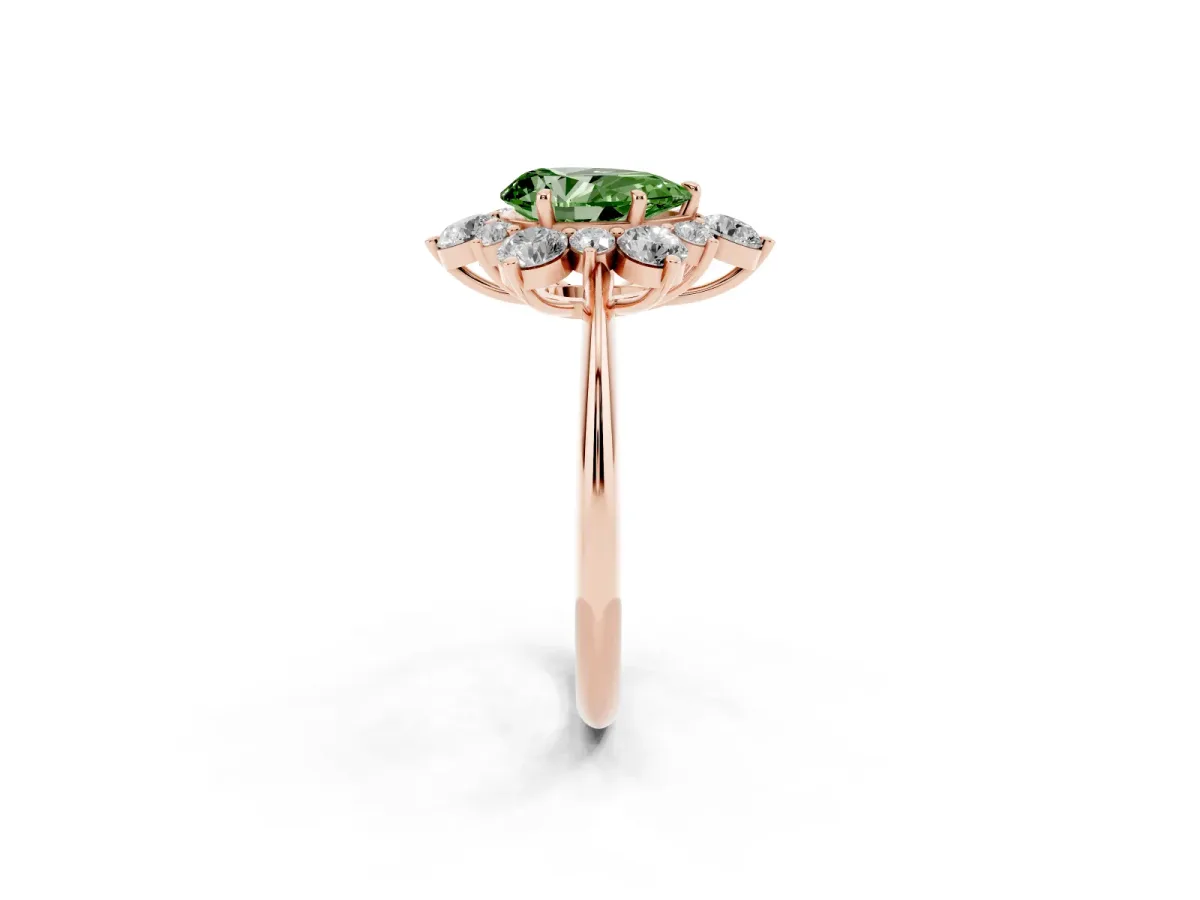 Fancy Green Pear Cut Diamond Cluster Halo Ring with Solitaire Band and Four-Prong Setting Rose gold