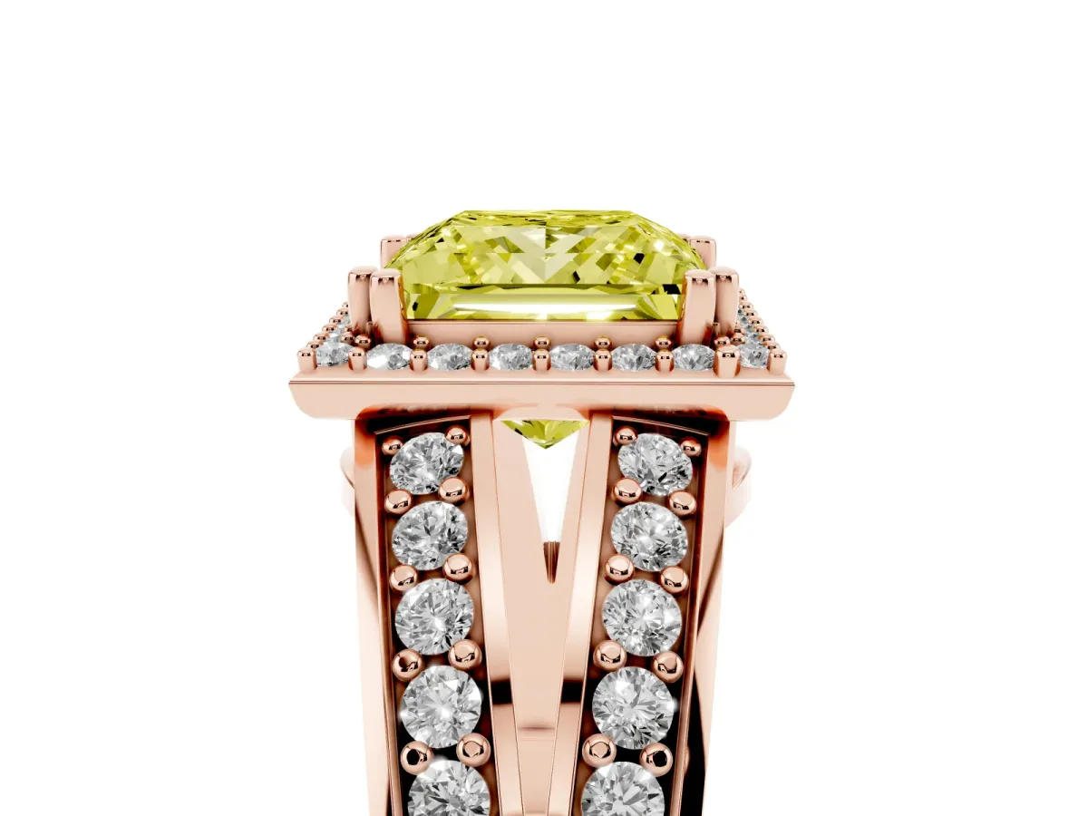 Fancy Yellow Princess Cut Diamond Halo Ring with Split Shank Pavé Band and Four-Prong Setting Rose gold