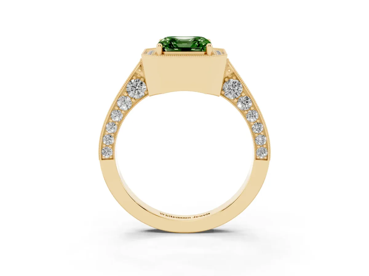 Fancy Green Asscher Cut Halo Diamond Engagement Ring with Split Shank Band and Four-Prong Setting Yellow gold