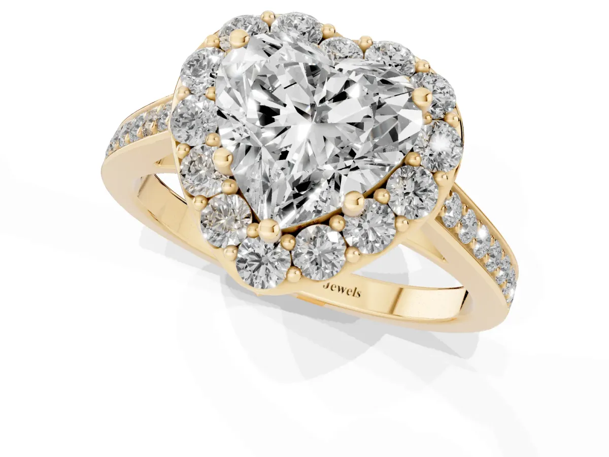 Heart Cut Diamond Floral Halo Ring with Pavé Band and Prong Setting Yellow gold