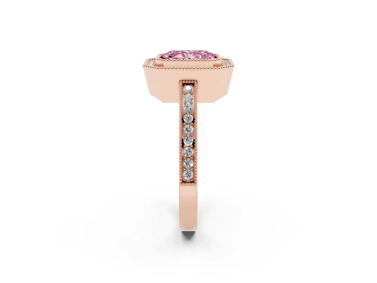 Fancy Pink Radiant Cut Cut Halo Diamond Ring with Pavé Band and Milgrain Prong Setting Rose gold