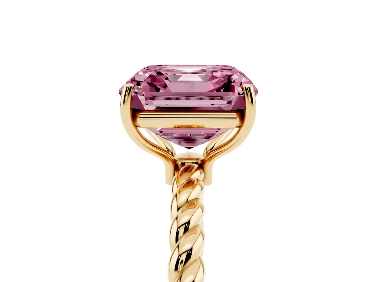 Fancy Pink Asscher Cut Solitaire Twist Band Ring with Four-Prong Setting Yellow gold