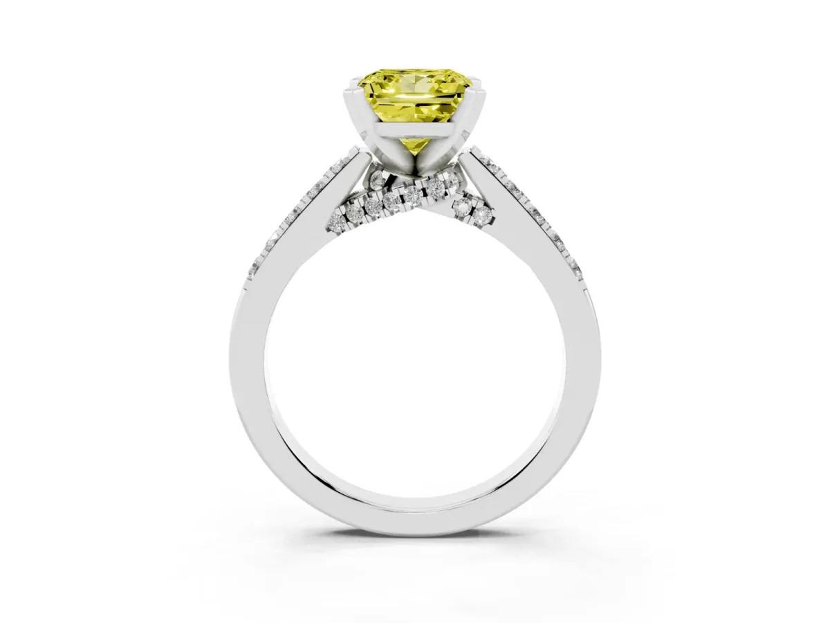 Fancy Yellow Princess Cut Diamond Solitaire Ring with Crossover Gallery and Round Pavé Band Silver
