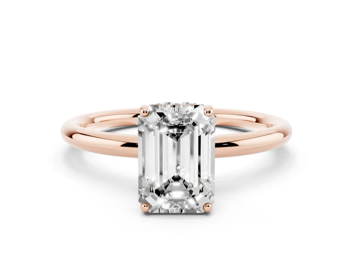 Emerald Cut Solitaire Diamond Ring with a Classic Band and Four-Prong Setting Rose gold