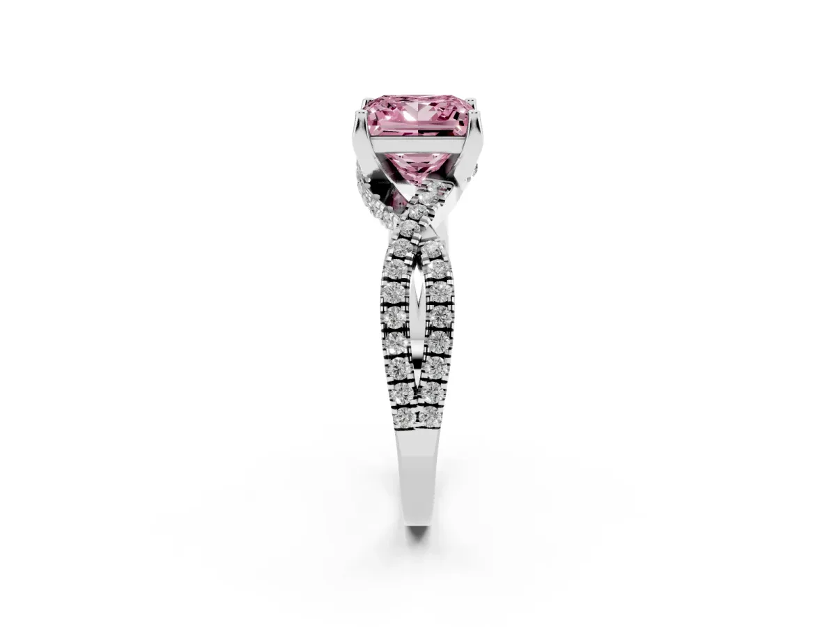 Fancy Pink Princess Cut Solitaire Twist Pave Diamond Engagement Ring with Prong Setting Silver