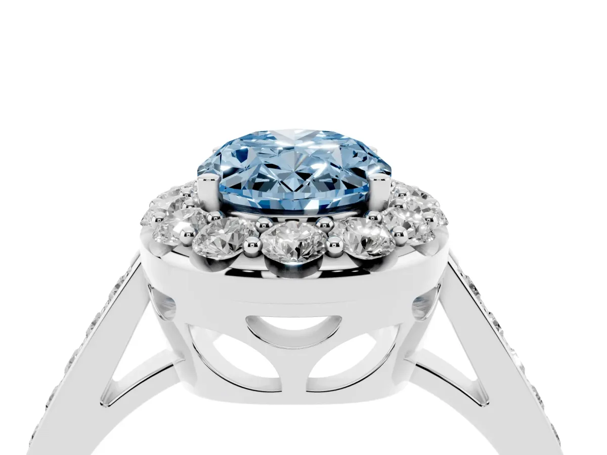 Fancy Blue Oval Cut Diamond Floral Halo Ring with Pavé Band and Prong Setting Silver