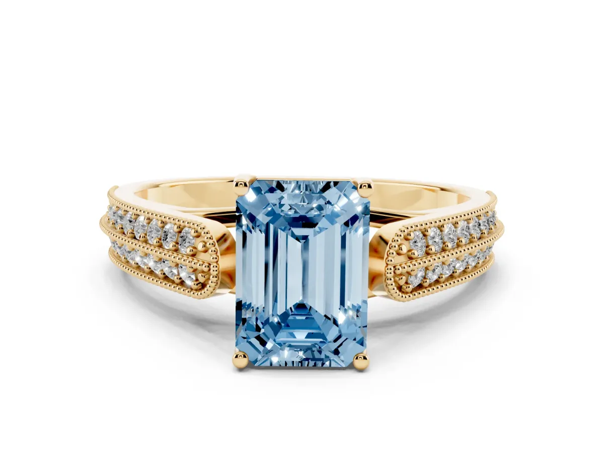 Fancy Blue Emerald Cut Cut Pave Split Shank Engagement Ring with Four-Prong Setting Yellow gold