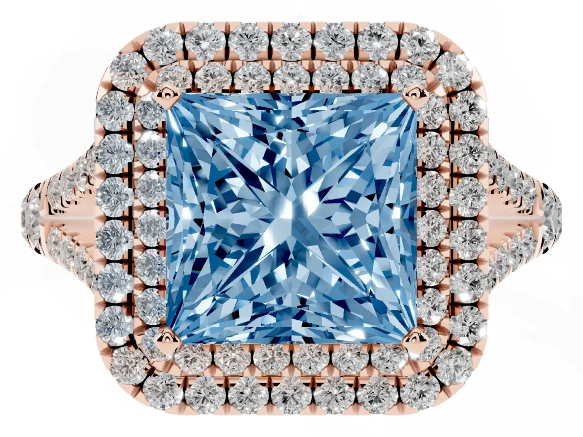 Fancy Blue Princess Cut Diamond Pavé Split Shank Double Halo Engagement Ring Rose gold