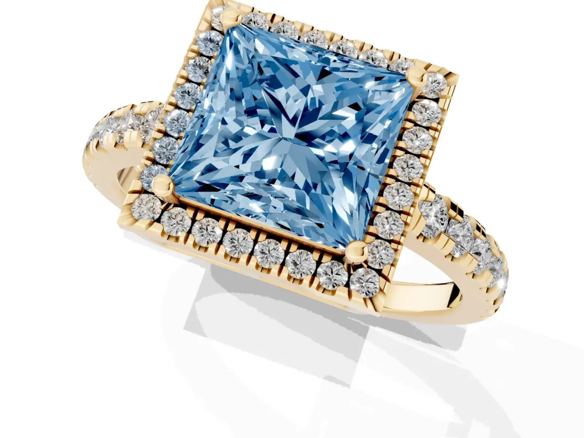 Fancy Blue Princess Cut Diamond Halo Ring with Pavé Band and Four-Prong Setting Yellow gold