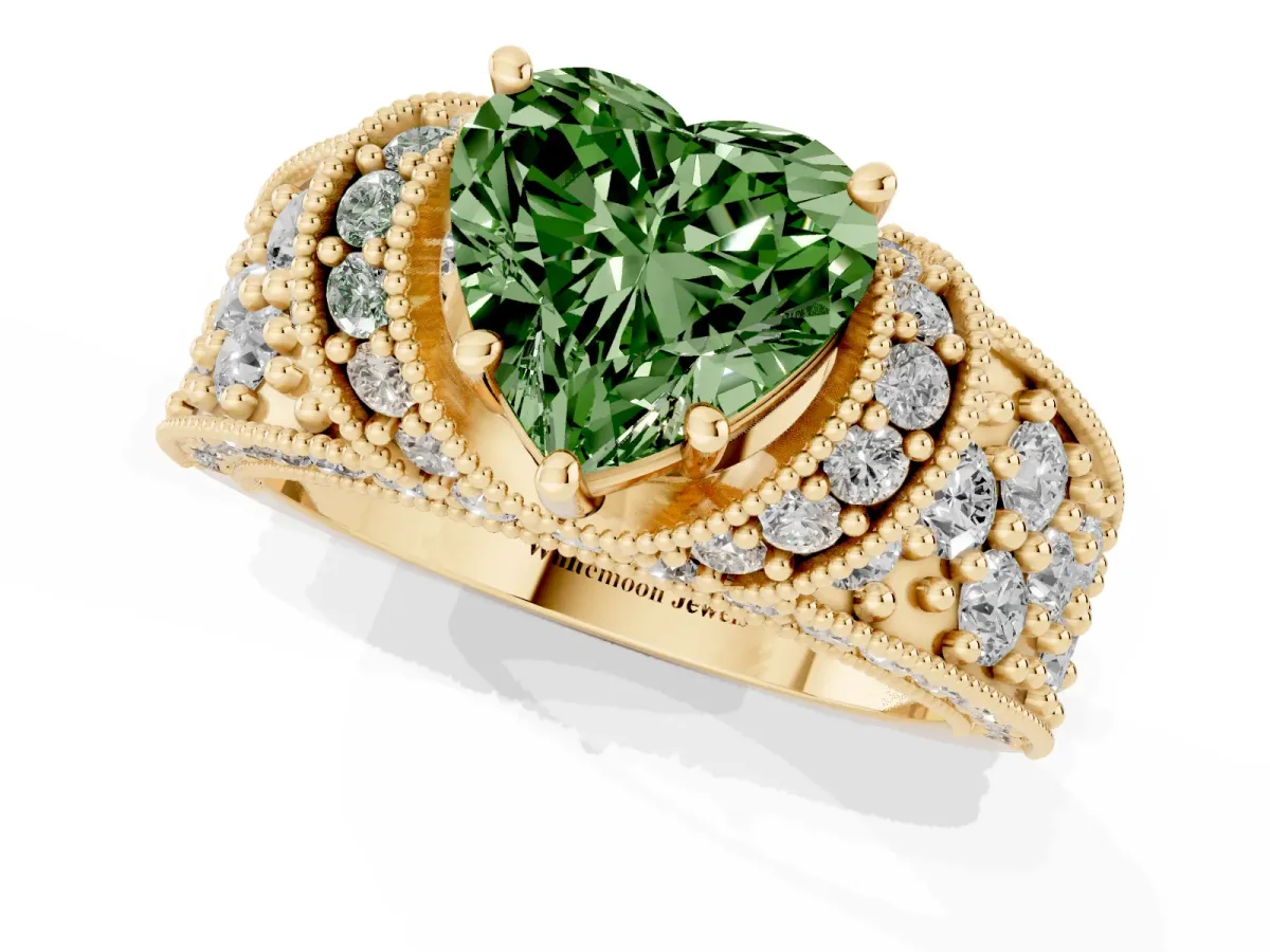Fancy Green Heart Cut Halo Pave Diamond Engagement Ring with Milgrain Detailing Yellow gold
