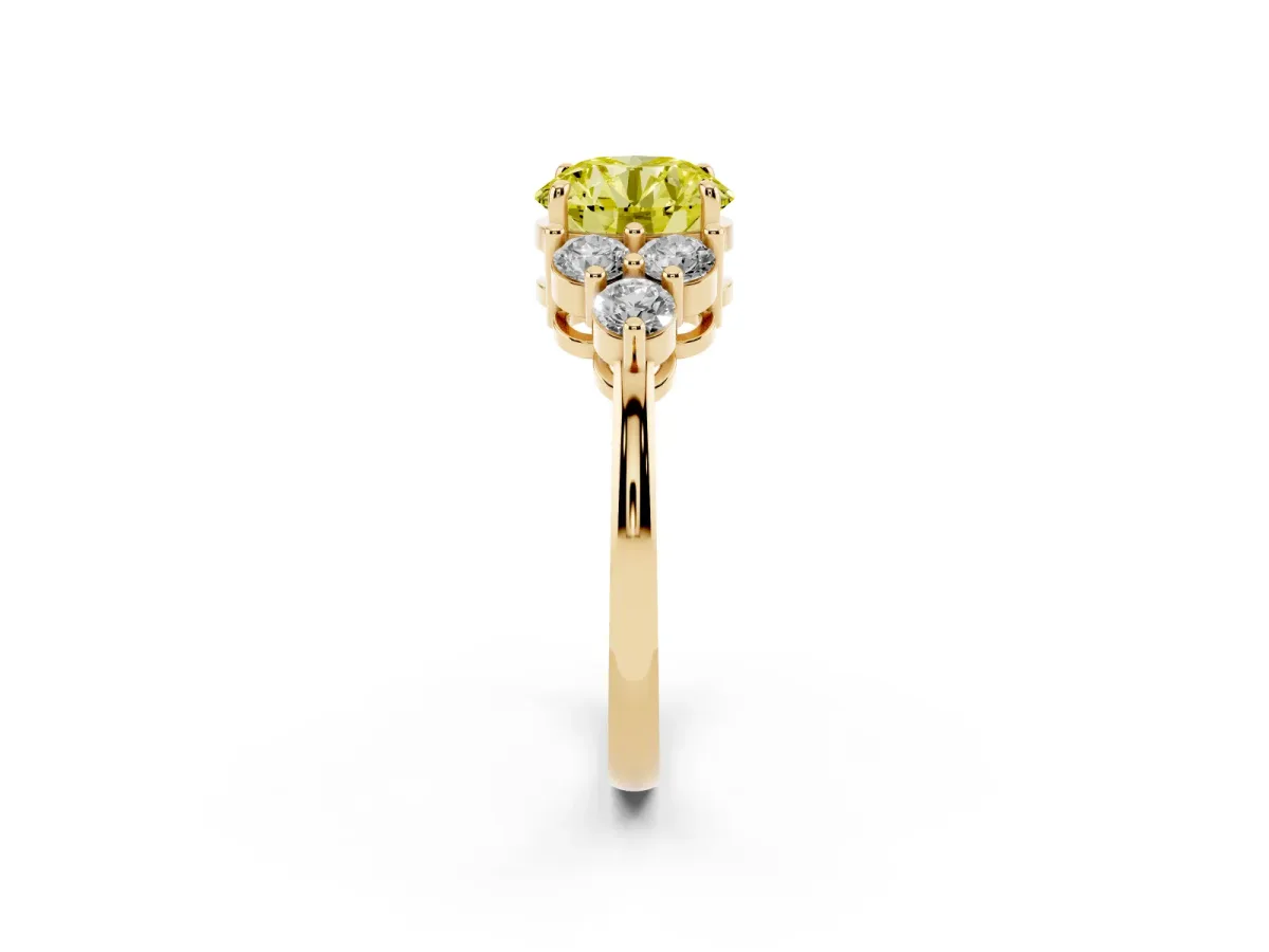 Fancy Yellow Round Cut Brilliant Diamond Cluster Accent Solitaire Ring with Prong Setting Yellow gold