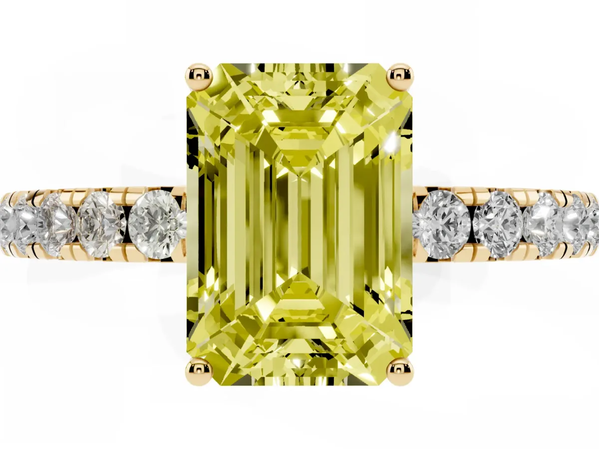 Fancy Yellow Emerald Cut Diamond Pavé Solitaire Engagement Ring with Four-Prong Setting Yellow gold