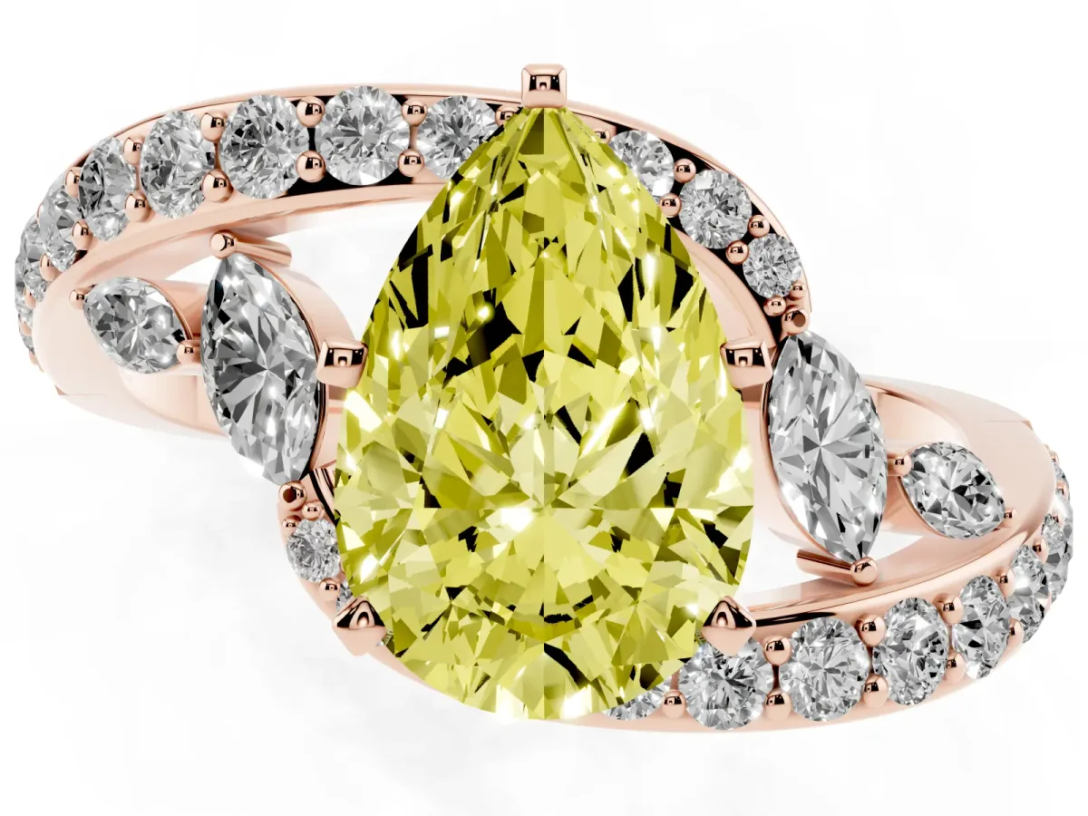 Fancy Yellow Pear Cut Solitaire with Pavé Twist Band and Four-Prong Setting Rose gold