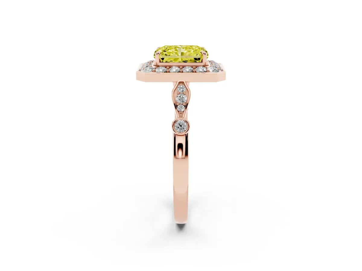Fancy Yellow Radiant Cut Halo Diamond Engagement Ring with Twisted Band and Four-Prong Setting Rose gold