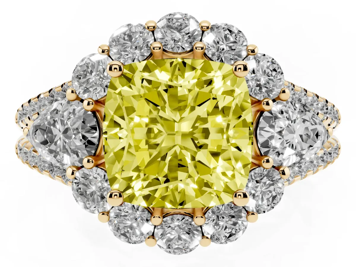 Fancy Yellow Cushion Cut Halo Split Shank Diamond Engagement Ring with Prong Setting Yellow gold