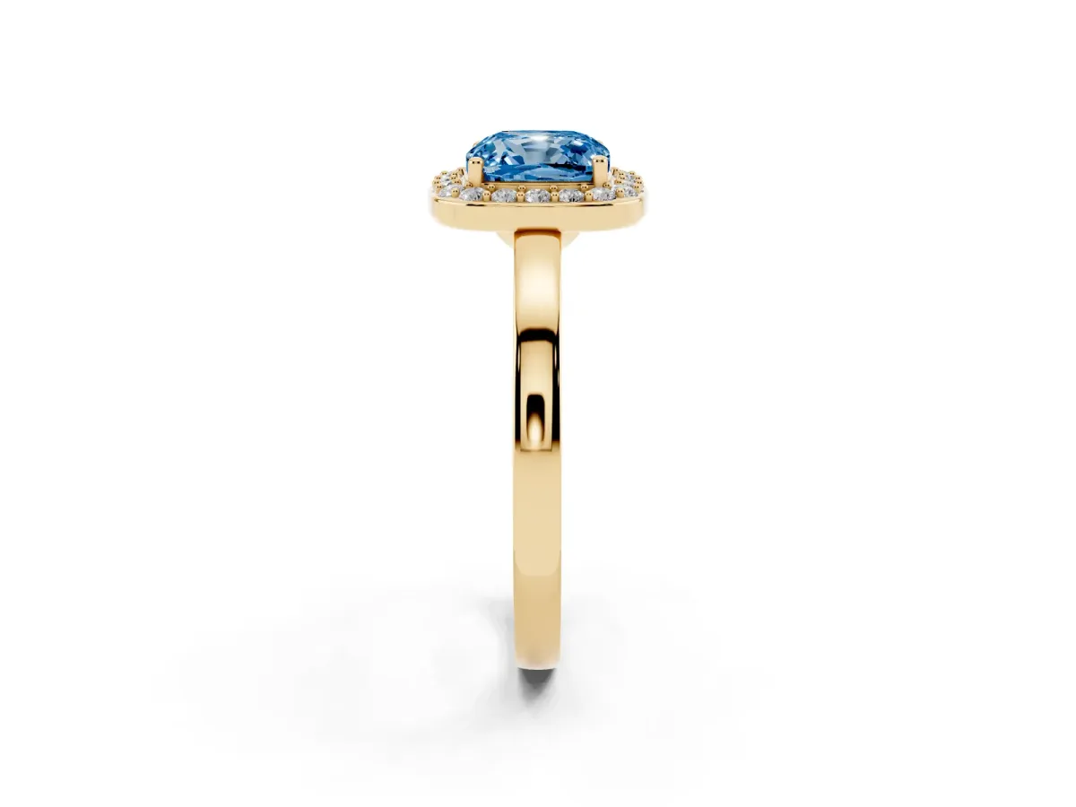Fancy Blue Cushion Cut Halo Diamond Ring with Solitaire Band and Prong Setting Yellow gold