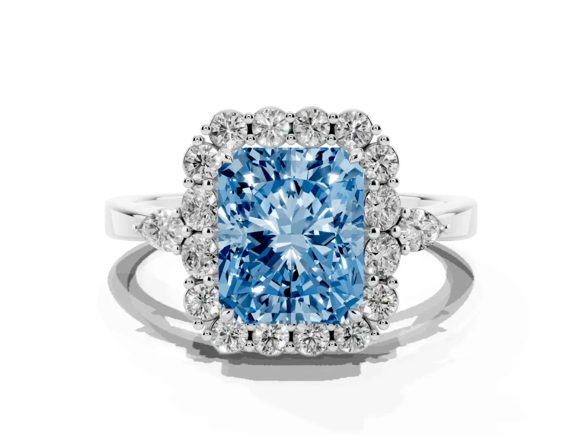 Fancy Blue Radiant Cut Diamond Halo Ring with Pear Side Stones and Prong Setting Silver
