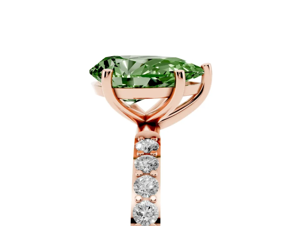Fancy Green Pear Cut Diamond Solitaire Ring with Round Pavé Shoulders and Prong Setting Rose gold