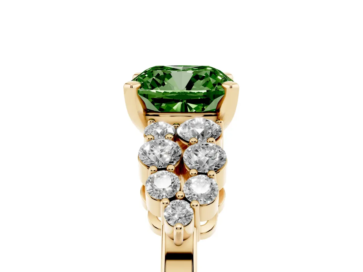Fancy Green Cushion Cut Cluster Diamond Engagement Ring with Pavé Band and Four-Prong Setting Yellow gold