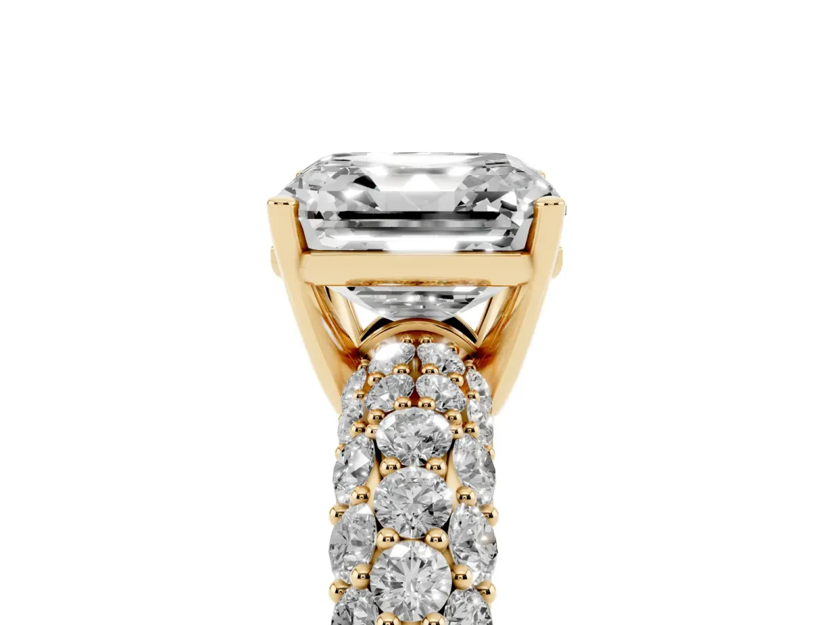 Asscher Cut Diamond Pavé Band Solitaire Ring with Four-Prong Setting Yellow gold