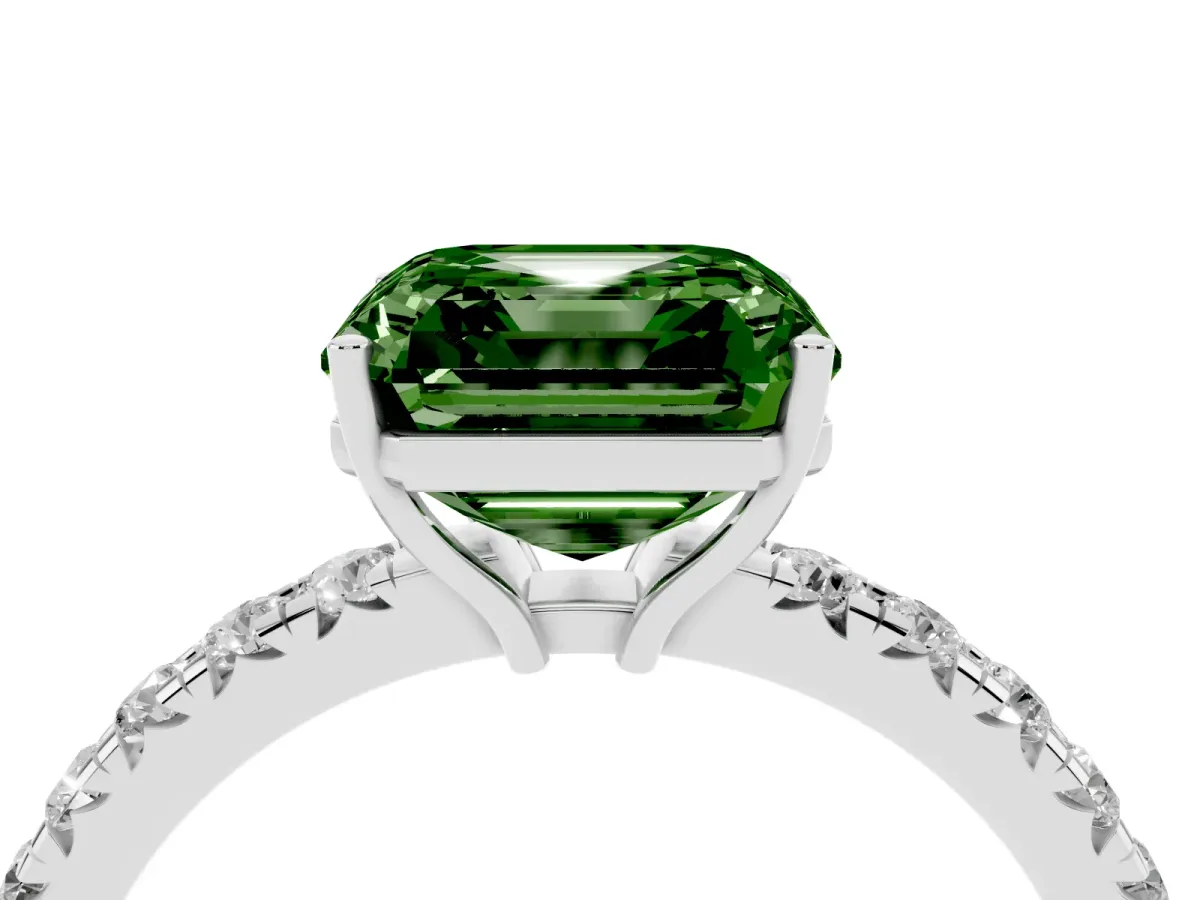Fancy Green Asscher Cut Diamond Pavé Solitaire Engagement Ring with Four-Prong Setting Silver