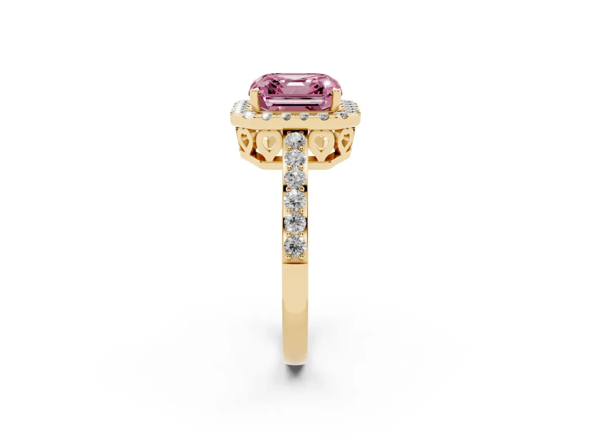Fancy Pink Asscher Cut Halo Diamond Pavé Band Ring with Prong Setting Yellow gold