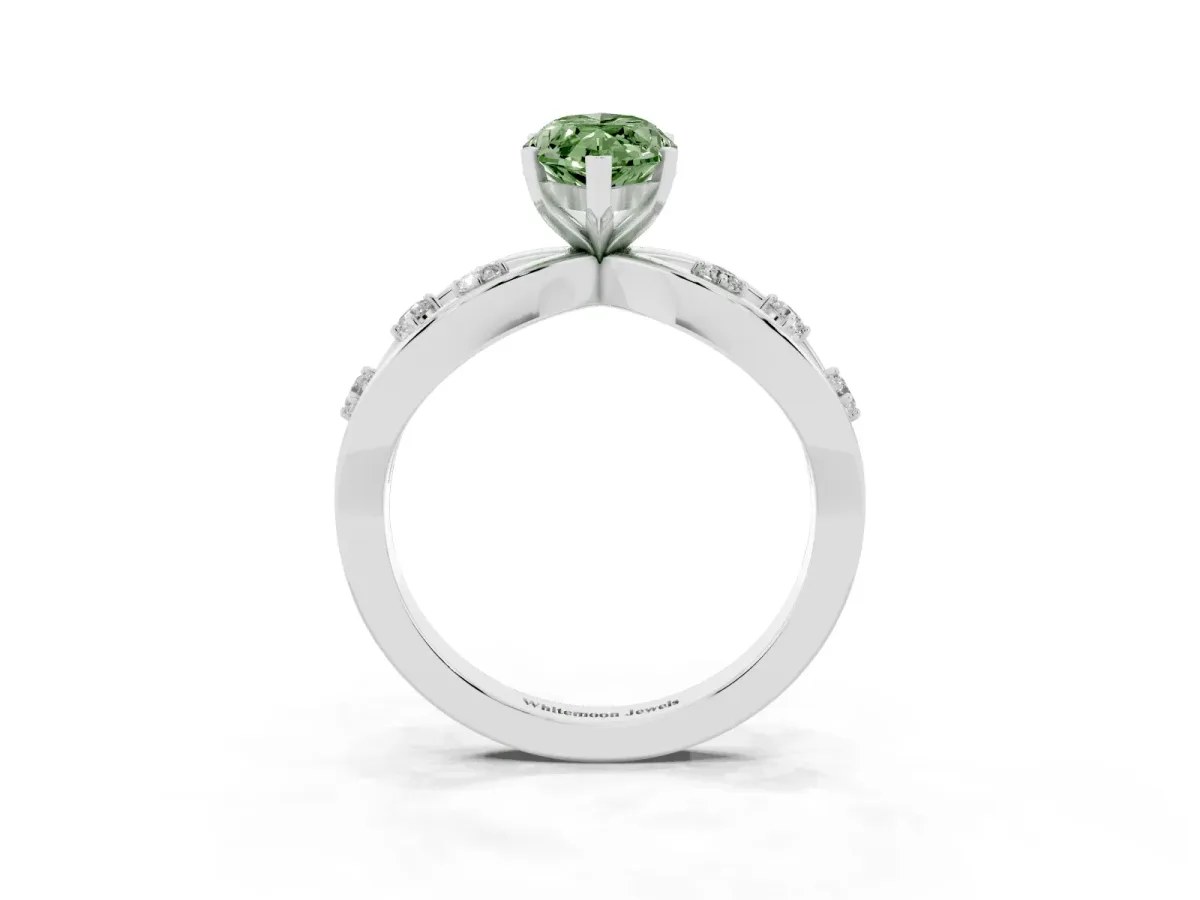 Fancy Green Marquise Cut Cut Solitaire Diamond with Side Stones on Criss-Cross Band and Four-Prong Setting Silver