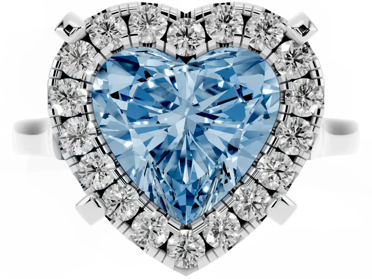 Fancy Blue Heart Cut Diamond Cluster Halo Solitaire with Four-Prong Setting Silver