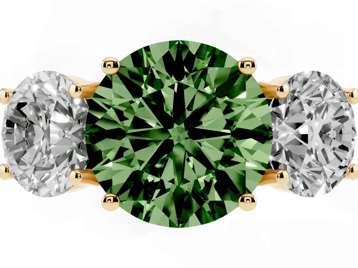 Fancy Green Three-Stone Round Cut Diamond Engagement Ring with Prong Setting Yellow gold
