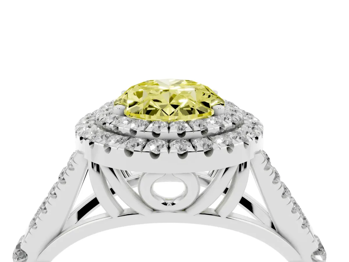 Fancy Yellow Oval Cut Diamond Pavé Split Shank Double Halo Engagement Ring Platinum